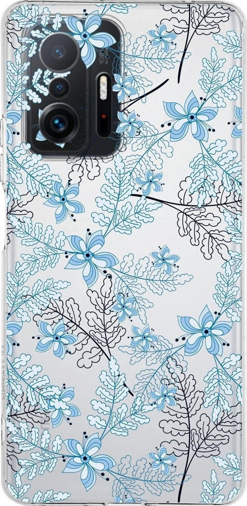 Xiaomi Mi 11T Pro Uyumlu Kapak Floral Mavi Tasarımlı Şeffaf Kılıf