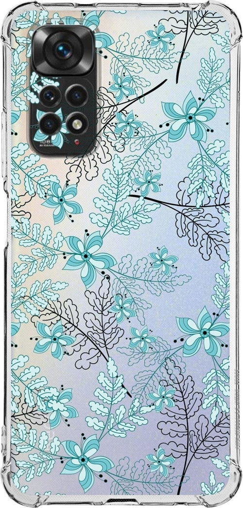 Xiaomi Redmi Note 11S Kamera Köşe Korumalı Antishock Kapak Floral Su Yeşili Tasarımlı Şeffaf Kılıf