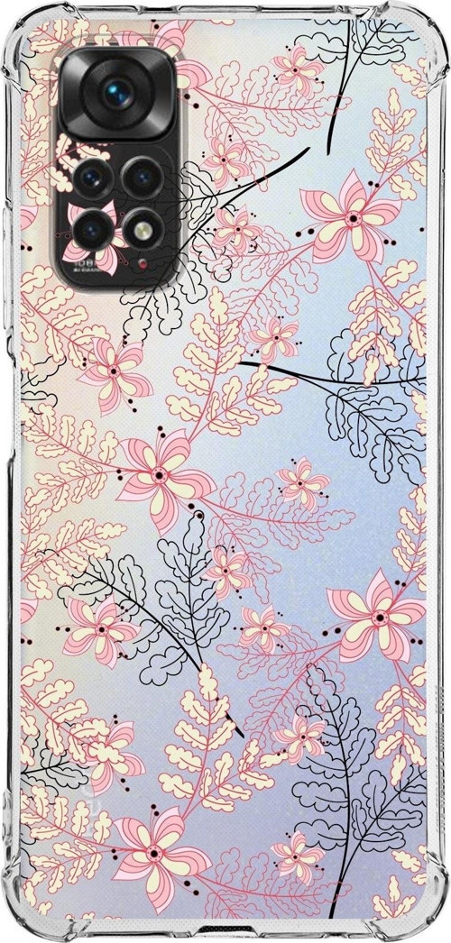 Xiaomi Redmi Note 11S Kamera Ve Köşe Korumalı Antishock Kapak Floral Kırmızı Tasarımlı Şeffaf Kılıf