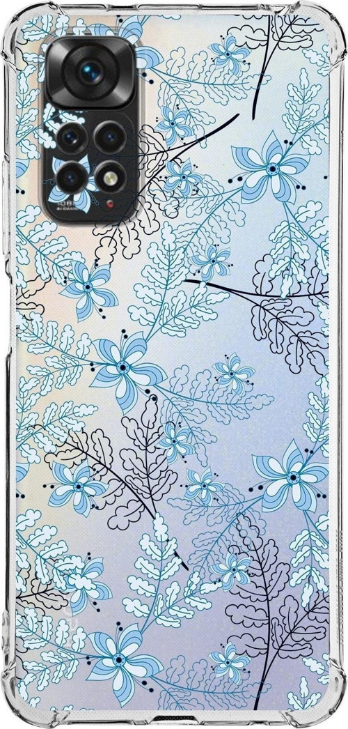 Xiaomi Redmi Note 11S Kamera Ve Köşe Korumalı Antishock Kapak Floral Mavi Tasarımlı Şeffaf Kılıf