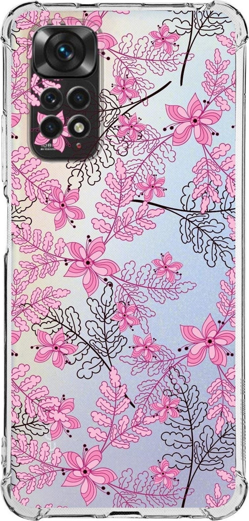 Xiaomi Redmi Note 11S Kamera Ve Köşe Korumalı Antishock Kapak Floral Pembe Tasarımlı Şeffaf Kılıf