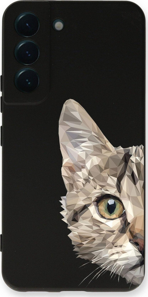Samsung Galaxy S22 Plus Uyumlu Lansman Kılıf Catface Tasarımlı Içi Kadife Kapak-Siyah