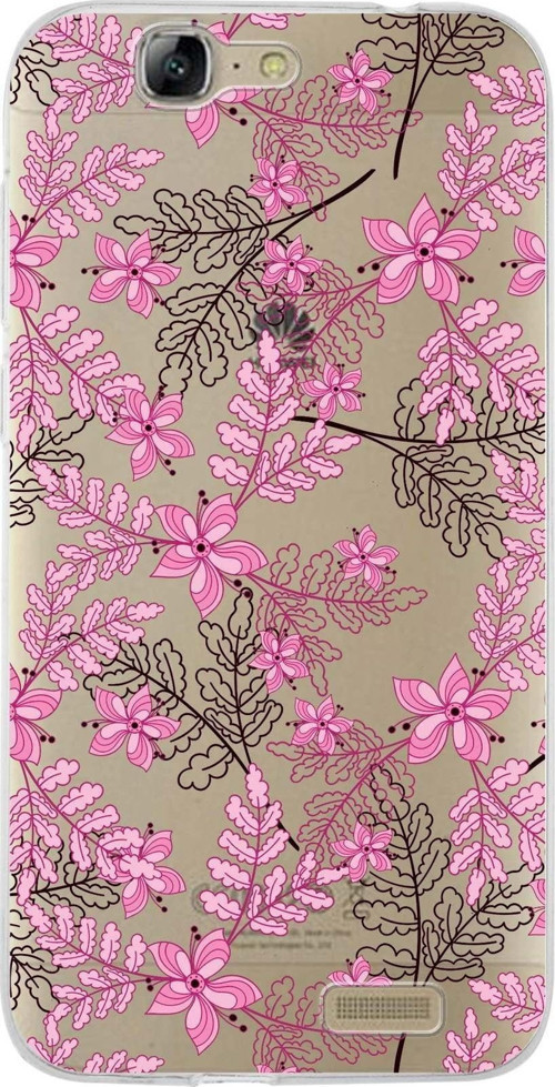 Huawei G7 Uyumlu Kapak Floral Pembe Tasarımlı Şeffaf Silikon Kılıf