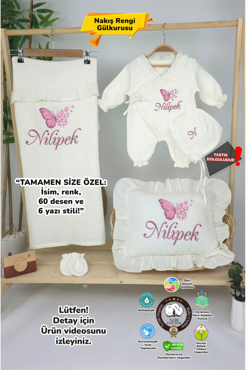 Müslin Yeni Doğan 4Katlı Organik %100Pamuk Kişiye Özgü Nakışlı Hastane Çıkış Seti (Çoklu Kelebek-2)