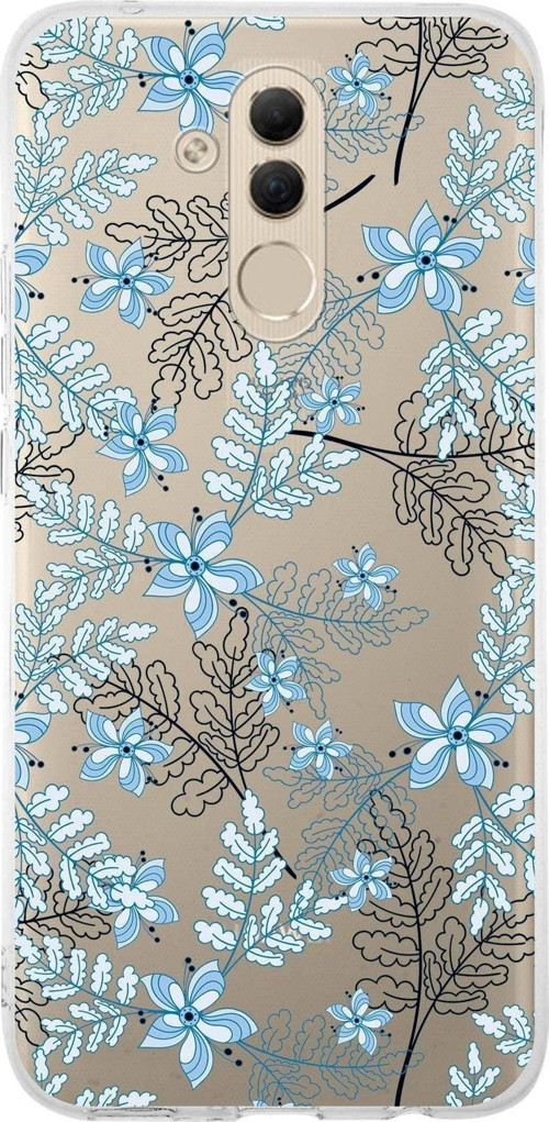 Huawei Mate 20 Lite Uyumlu Kapak Floral Mavi Tasarımlı Şeffaf Silikon Kılıf