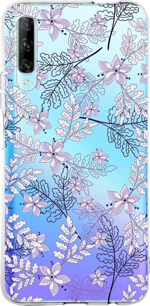 Huawei P Smart Pro Uyumlu Kapak Floral Lila Tasarımlı Şeffaf Silikon Kılıf