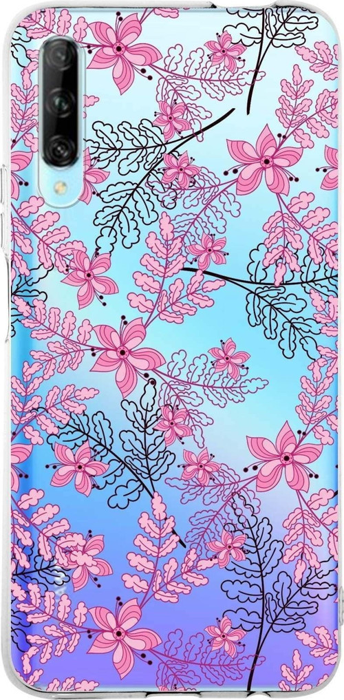 Huawei P Smart Pro Uyumlu Kapak Floral Pembe Tasarımlı Şeffaf Silikon Kılıf