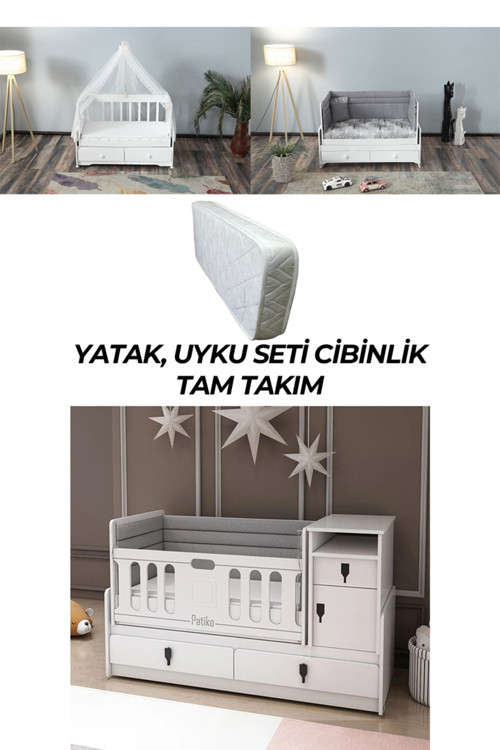 R 131 Beyaz Büyüyebilen Beşik Yatak Uyku Seti Cibinlik Tam Takım