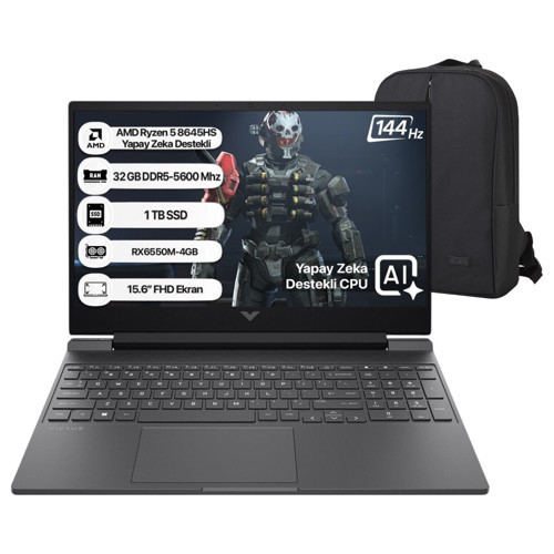 Victus Amd Ryzen-5 8645HS 32GB Ram 1tb SSD RX6550M Freedos 15.6" Fhd 144Hz IPS Taşınabilir Bilgisayar & Cimete Çanta Hed