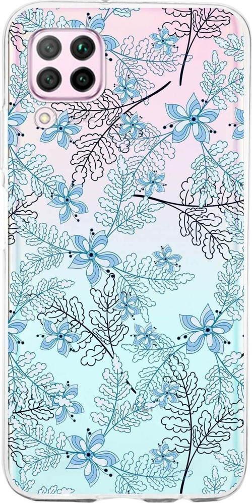 Huawei P40 Lite Uyumlu Kapak Floral Mavi Tasarımlı Şeffaf Silikon Kılıf