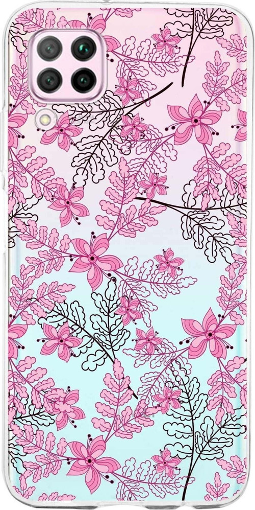 Huawei P40 Lite Uyumlu Kapak Floral Pembe Tasarımlı Şeffaf Silikon Kılıf