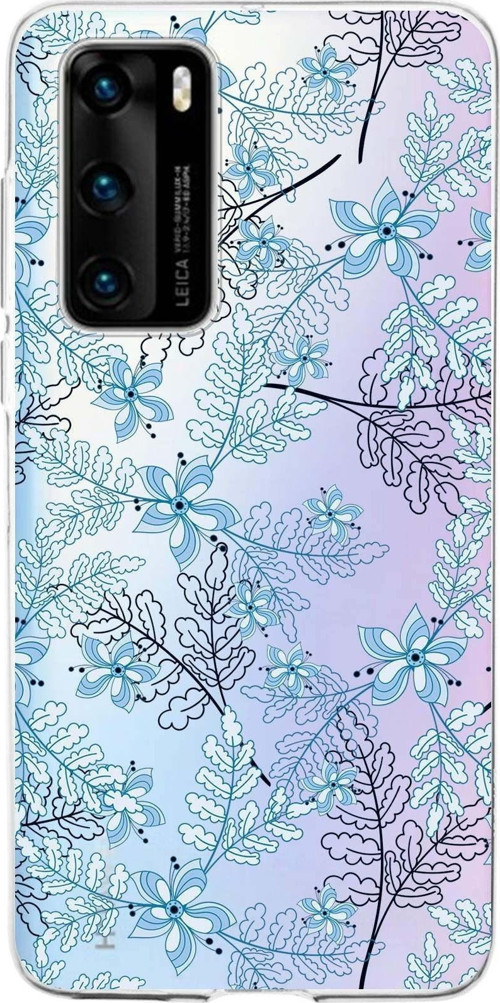 Huawei P40 Pro Uyumlu Kapak Floral Mavi Tasarımlı Şeffaf Silikon Kılıf