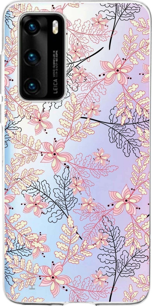 Huawei P40 Uyumlu Kapak Floral Kırmızı Tasarımlı Şeffaf Silikon Kılıf