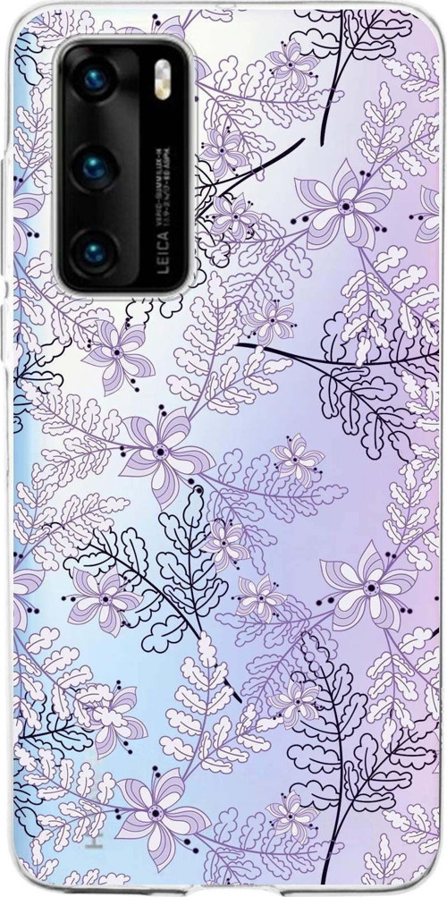 Huawei P40 Uyumlu Kapak Floral Lila Tasarımlı Şeffaf Silikon Kılıf