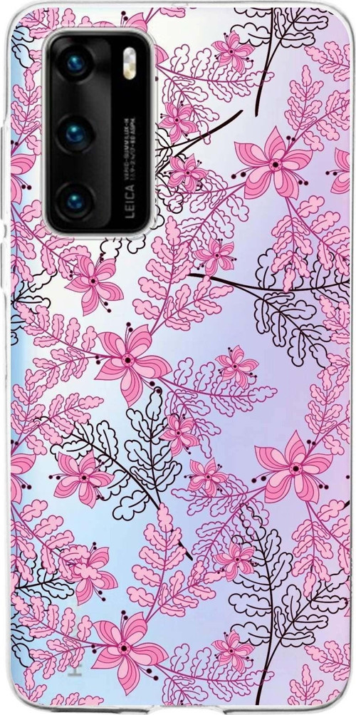 Huawei P40 Uyumlu Kapak Floral Pembe Tasarımlı Şeffaf Silikon Kılıf