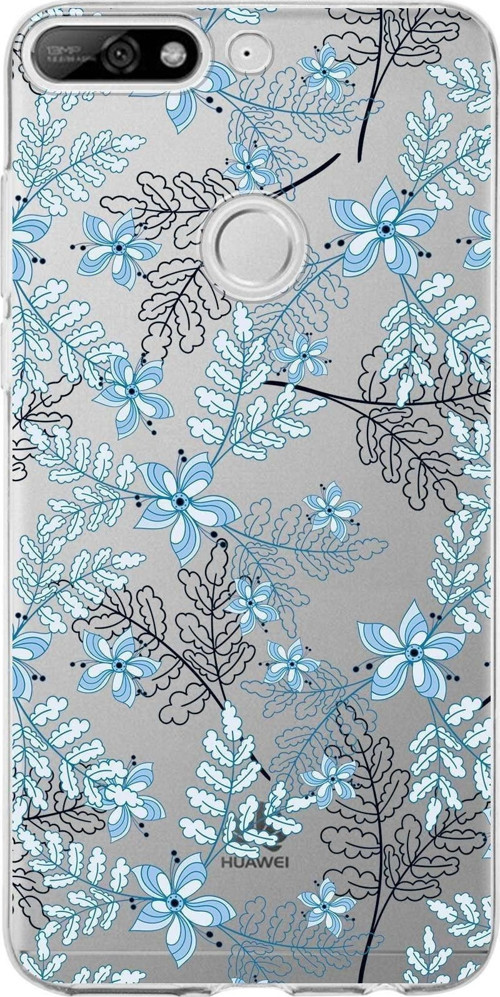 Huawei Y7 2018 Uyumlu Kapak Floral Mavi Tasarımlı Şeffaf Silikon Kılıf
