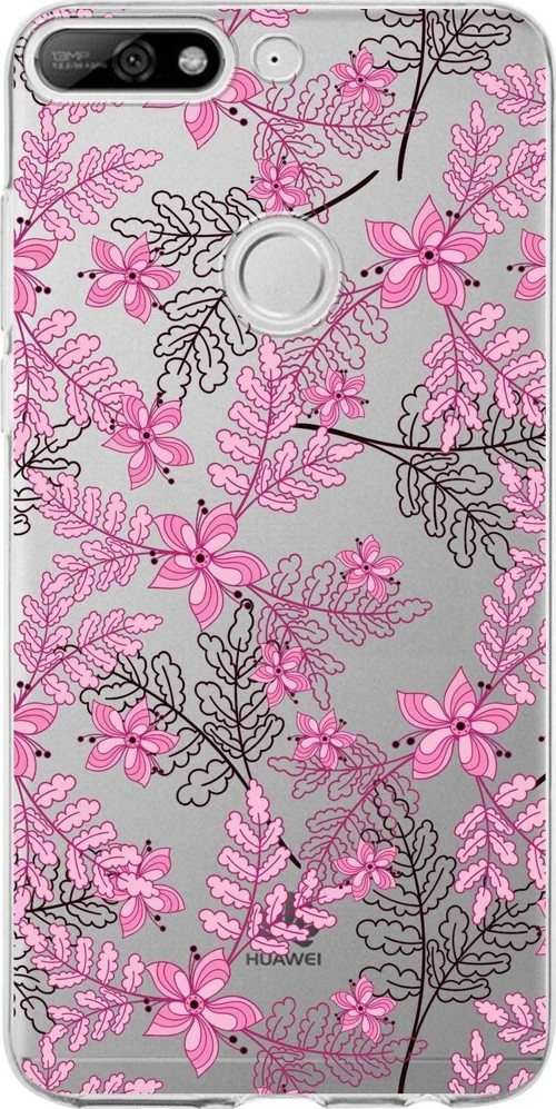 Huawei Y7 2018 Uyumlu Kapak Floral Pembe Tasarımlı Şeffaf Silikon Kılıf