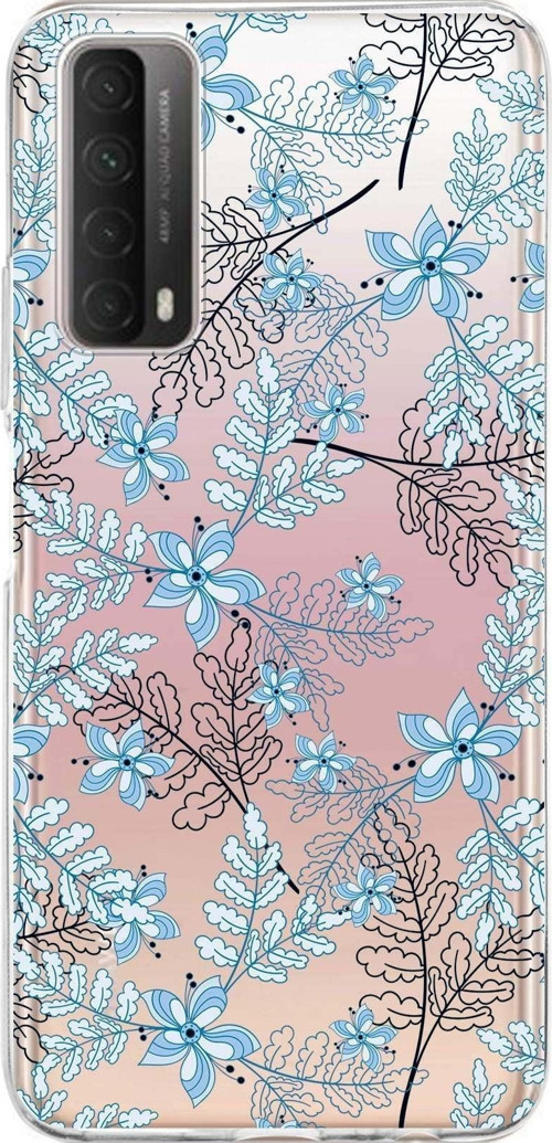 Huawei P Smart 2021 Uyumlu Kapak Floral Mavi Tasarımlı Şeffaf Silikon Kılıf