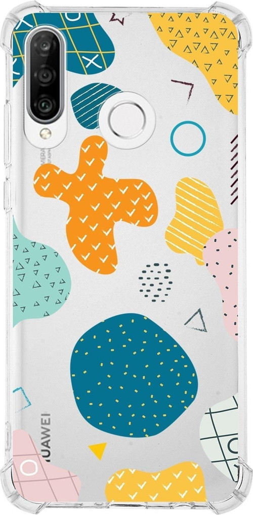 Huawei P30 Lite Uyumlu Köşe Korumalı Antişok Kapak Geometrik Şekiller Tasarımlı Şeffaf Kılıf