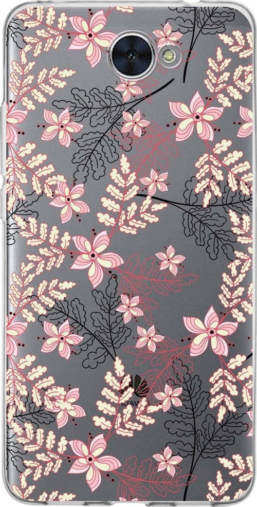 Huawei Y7 Uyumlu Kapak Floral Kırmızı Tasarımlı Şeffaf Silikon Kılıf