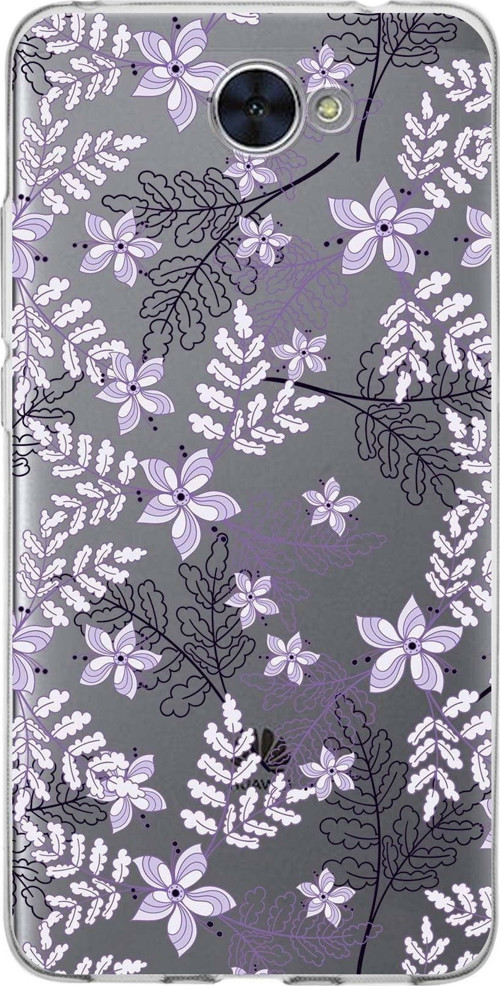 Huawei Y7 Uyumlu Kapak Floral Lila Tasarımlı Şeffaf Silikon Kılıf