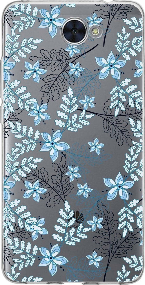 Huawei Y7 Uyumlu Kapak Floral Mavi Tasarımlı Şeffaf Silikon Kılıf