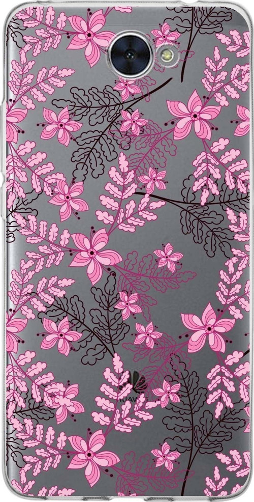 Huawei Y7 Uyumlu Kapak Floral Pembe Tasarımlı Şeffaf Silikon Kılıf