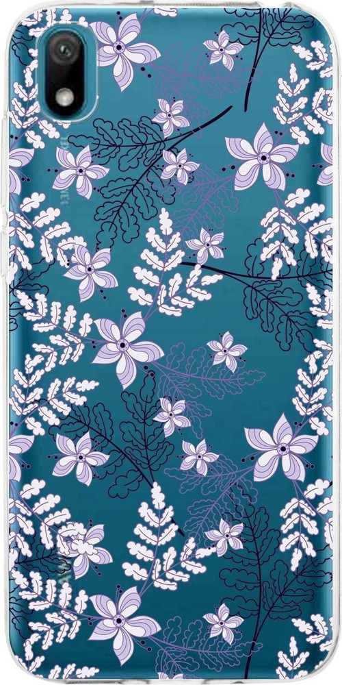 Huawei Y5 2019 Uyumlu Kapak Floral Lila Tasarımlı Şeffaf Silikon Kılıf