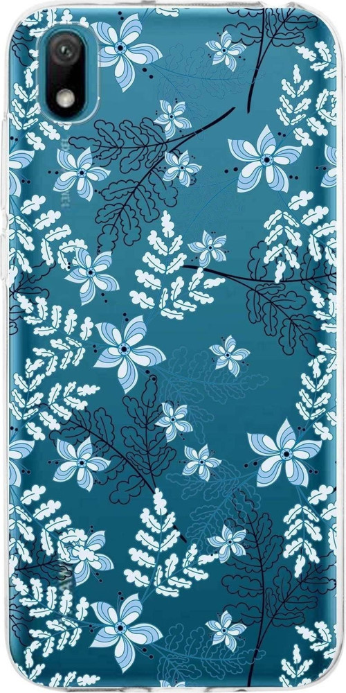 Huawei Y5 2019 Uyumlu Kapak Floral Mavi Tasarımlı Şeffaf Silikon Kılıf