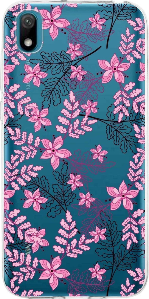Huawei Y5 2019 Uyumlu Kapak Floral Pembe Tasarımlı Şeffaf Silikon Kılıf