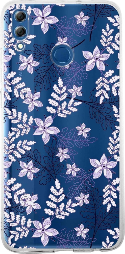 Huawei Honor 8X Uyumlu Kapak Floral Lila Tasarımlı Şeffaf Silikon Kılıf