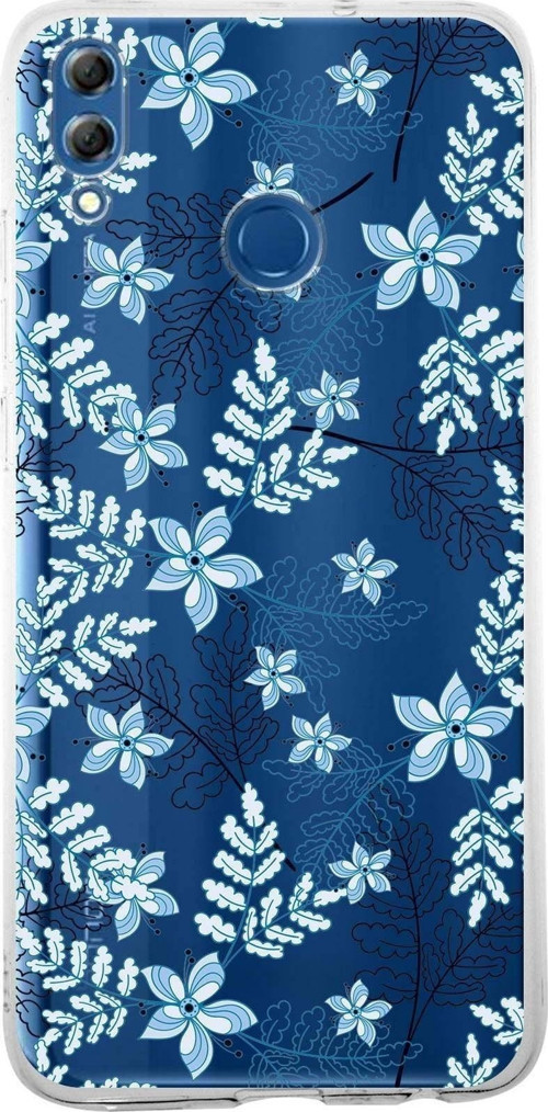 Huawei Honor 8X Uyumlu Kapak Floral Mavi Tasarımlı Şeffaf Silikon Kılıf