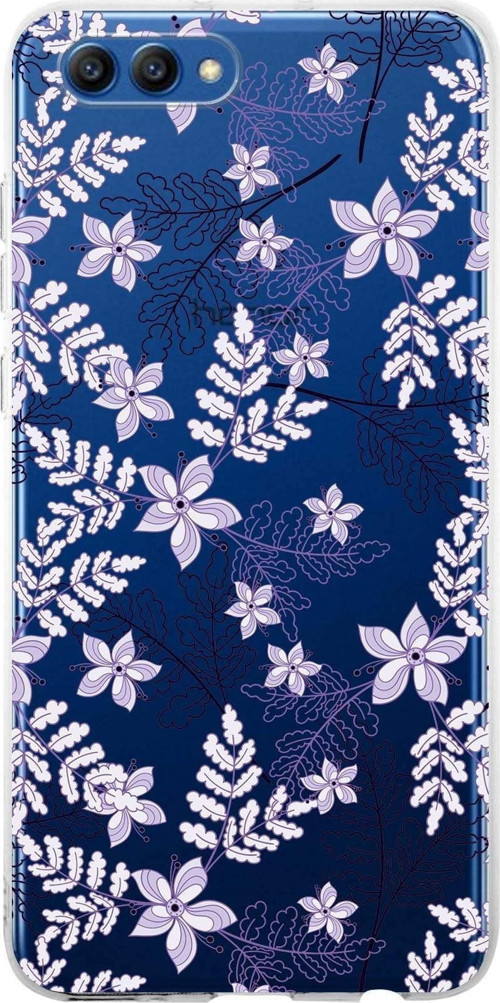 Huawei Honor View 20 Uyumlu Kapak Floral Lila Tasarımlı Şeffaf Silikon Kılıf