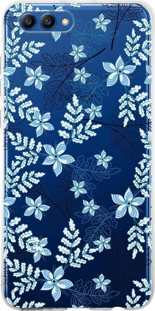 Huawei Honor View 20 Uyumlu Kapak Floral Mavi Tasarımlı Şeffaf Silikon Kılıf