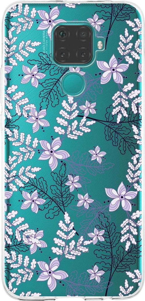 Huawei Mate 30 Lite Uyumlu Kapak Floral Lila Tasarımlı Şeffaf Silikon Kılıf