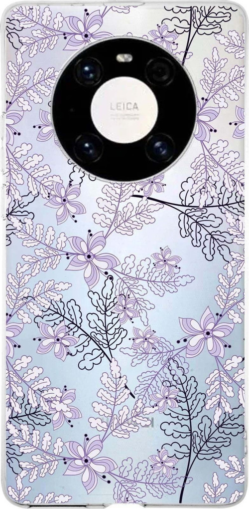 Huawei Mate 40 Pro Uyumlu Kapak Floral Lila Tasarımlı Şeffaf Silikon Kılıf