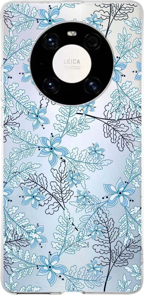 Huawei Mate 40 Pro Uyumlu Kapak Floral Mavi Tasarımlı Şeffaf Silikon Kılıf