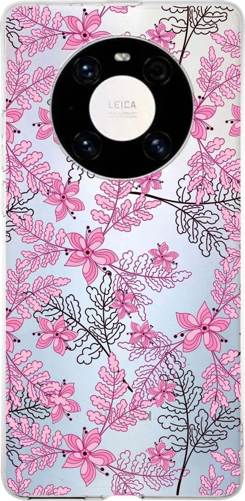Huawei Mate 40 Pro Uyumlu Kapak Floral Pembe Tasarımlı Şeffaf Silikon Kılıf