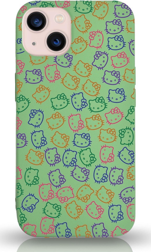 Apple Iphone 13 Mini Uyumlu Lansman Kılıf Hello Kitty Tasarımlı Içi Kadife Kapak-Yeşil