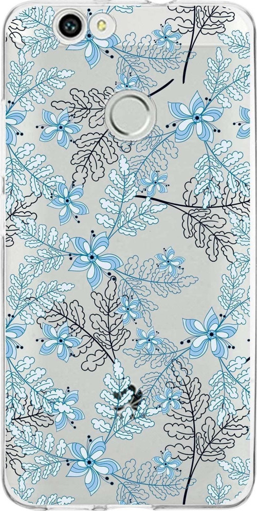Huawei Nova Uyumlu Kapak Floral Mavi Tasarımlı Şeffaf Silikon Kılıf