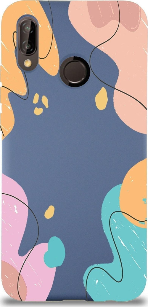 Huawei P 20 Lite Uyumlu Lansman Kılıf Karışık Renkler Tasarımlı Içi Kadife Kapak-Petrol Mavisi
