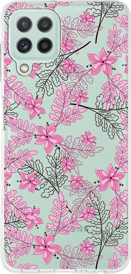 Samsung Galaxy M32 Uyumlu Kapak Floral Pembe Tasarımlı Şeffaf Silikon Kılıf