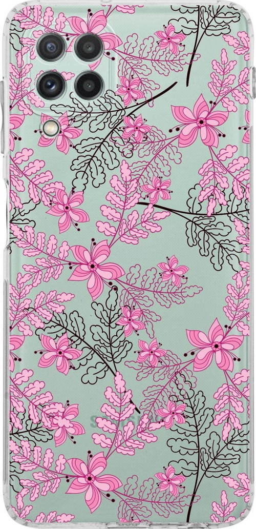 Samsung Galaxy M32 Kamera Korumalı Kapak Floral Pembe Tasarımlı Şeffaf Kılıf