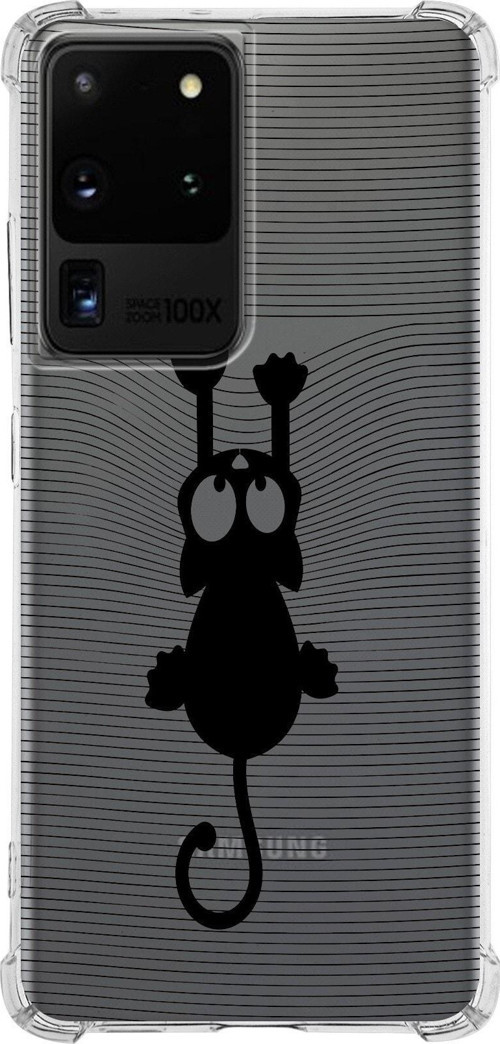 Samsung Galaxy S20 Ultra Köşe Korumalı Antişok Kapak Çizgi Kedi Tasarımlı Şeffaf Kılıf