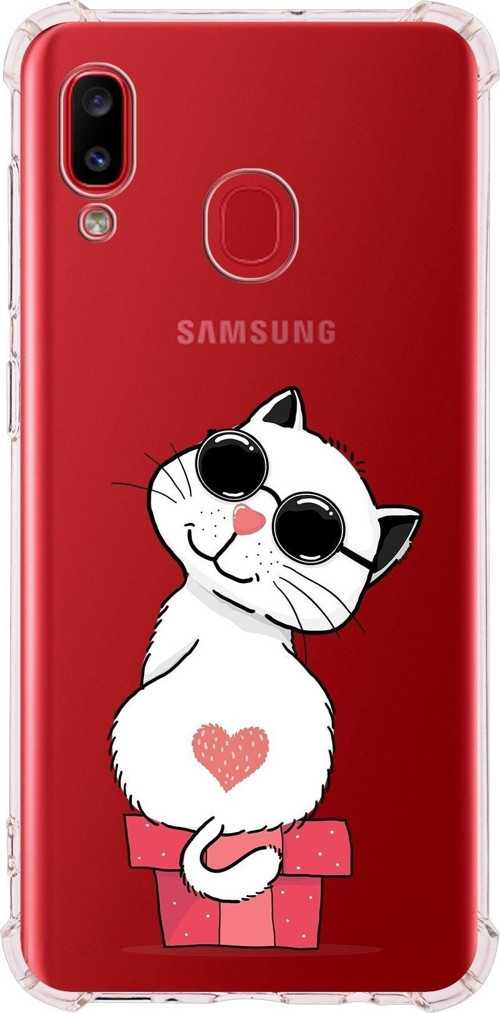 Samsung Galaxy A20 Uyumlu Köşe Korumalı Antişok Kapak Cool Cat Tasarımlı Şeffaf Silikon Kılıf