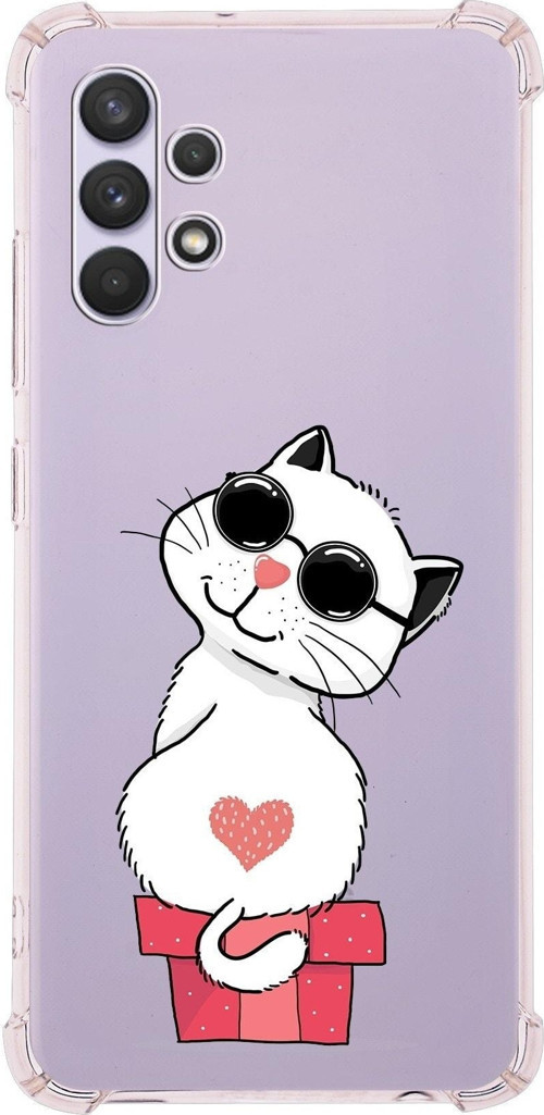 Samsung Galaxy A32 Uyumlu Köşe Korumalı Antişok Kapak Cool Cat Tasarımlı Şeffaf Silikon Kılıf
