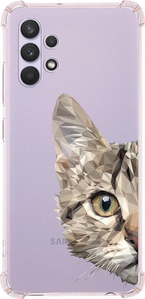 Samsung Galaxy A32 Uyumlu Köşe Korumalı Antişok Kapak Catface Tasarımlı Şeffaf Silikon Kılıf