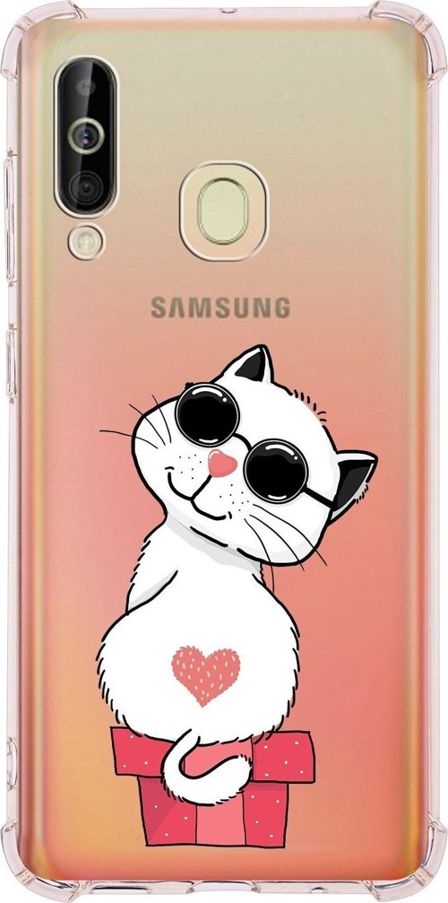 Samsung Galaxy A60 Uyumlu Köşe Korumalı Antişok Kapak Cool Cat Tasarımlı Şeffaf Silikon Kılıf