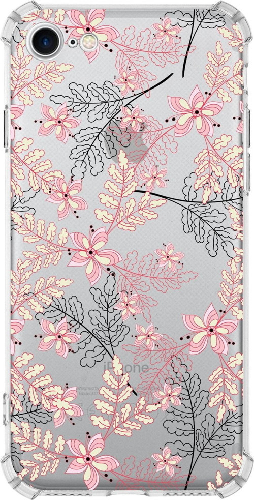 Iphone Se 2020 Uyumlu Köşe Korumalı Antişok Kapak Floral Kırmızı Tasarımlı Şeffaf Kılıf