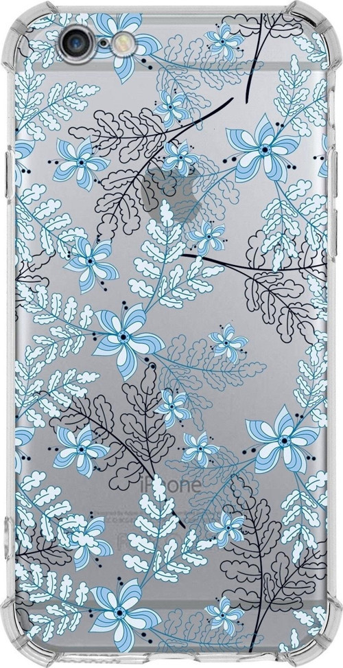 Iphone 6 Plus Uyumlu Köşe Korumalı Antişok Kapak Floral Mavi Tasarımlı Şeffaf Kılıf